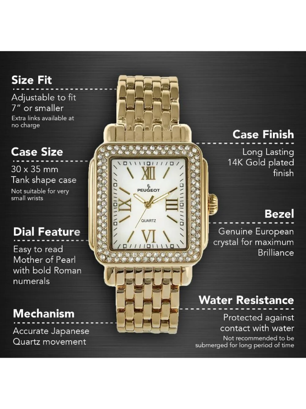 Women's Gold Analog Rectangle Crystal Decorated Bezel Numerals Bracelet Watch